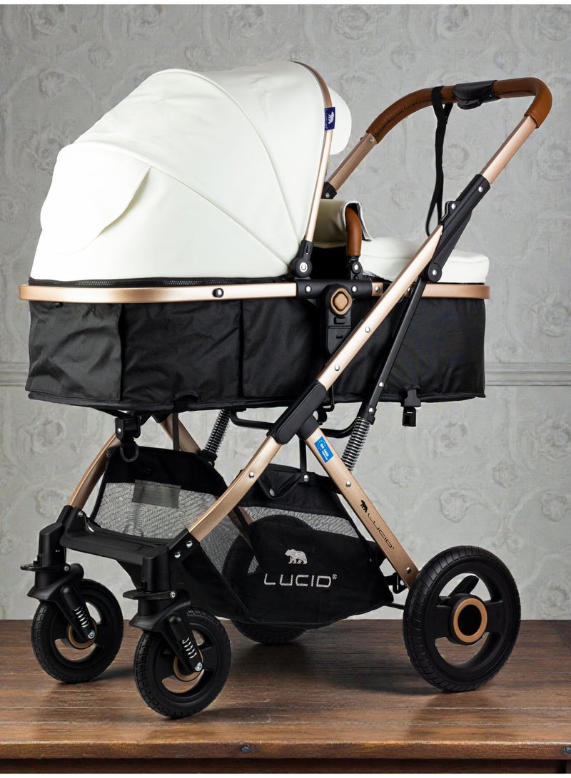 لوسيد عربة أطفال سينا، عربة أطفال فاخرة بمظلة وغطاء جلد من لوسيد أبيض - Image 2